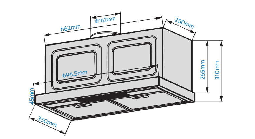 Kích thước hút mùi kiểu lắp âm tủ ZM-H288G